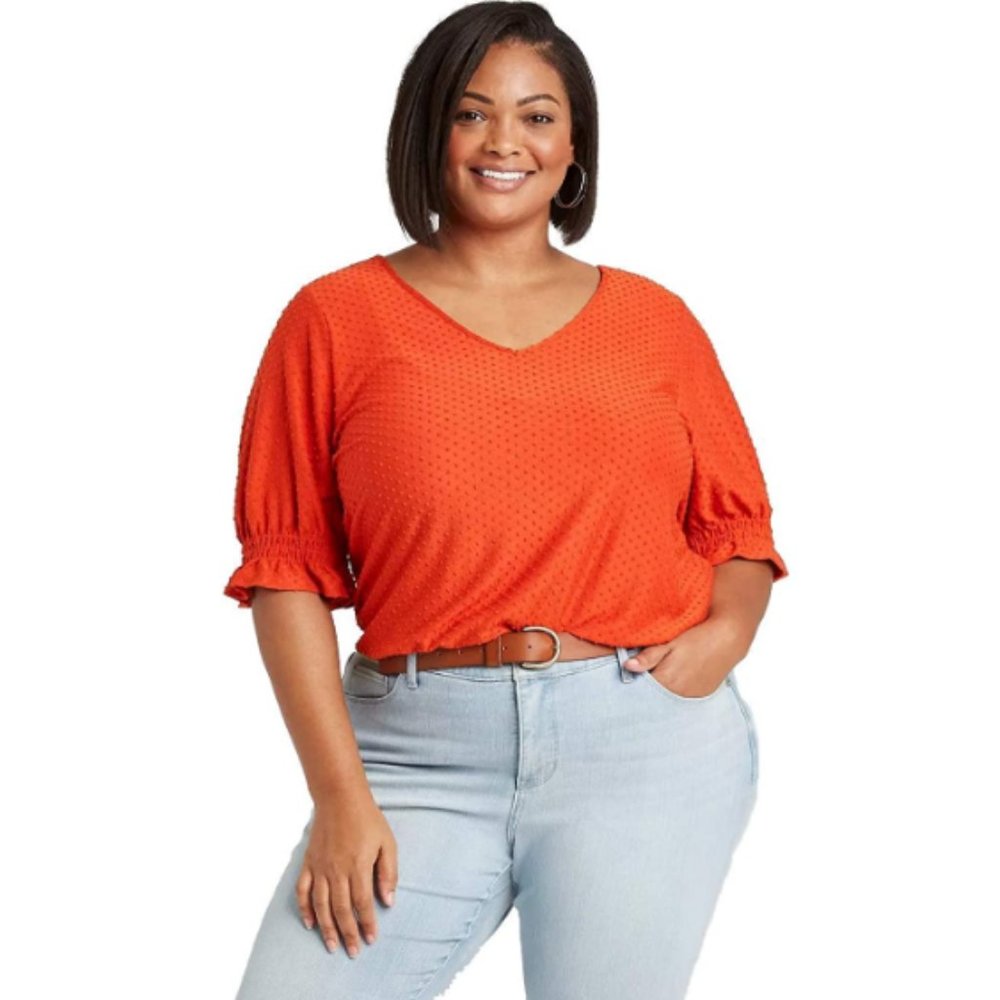 New Ava & Viv Women's Plus Size Ruffle Short Sleeve Swiss Dot Blouse Orange 3X